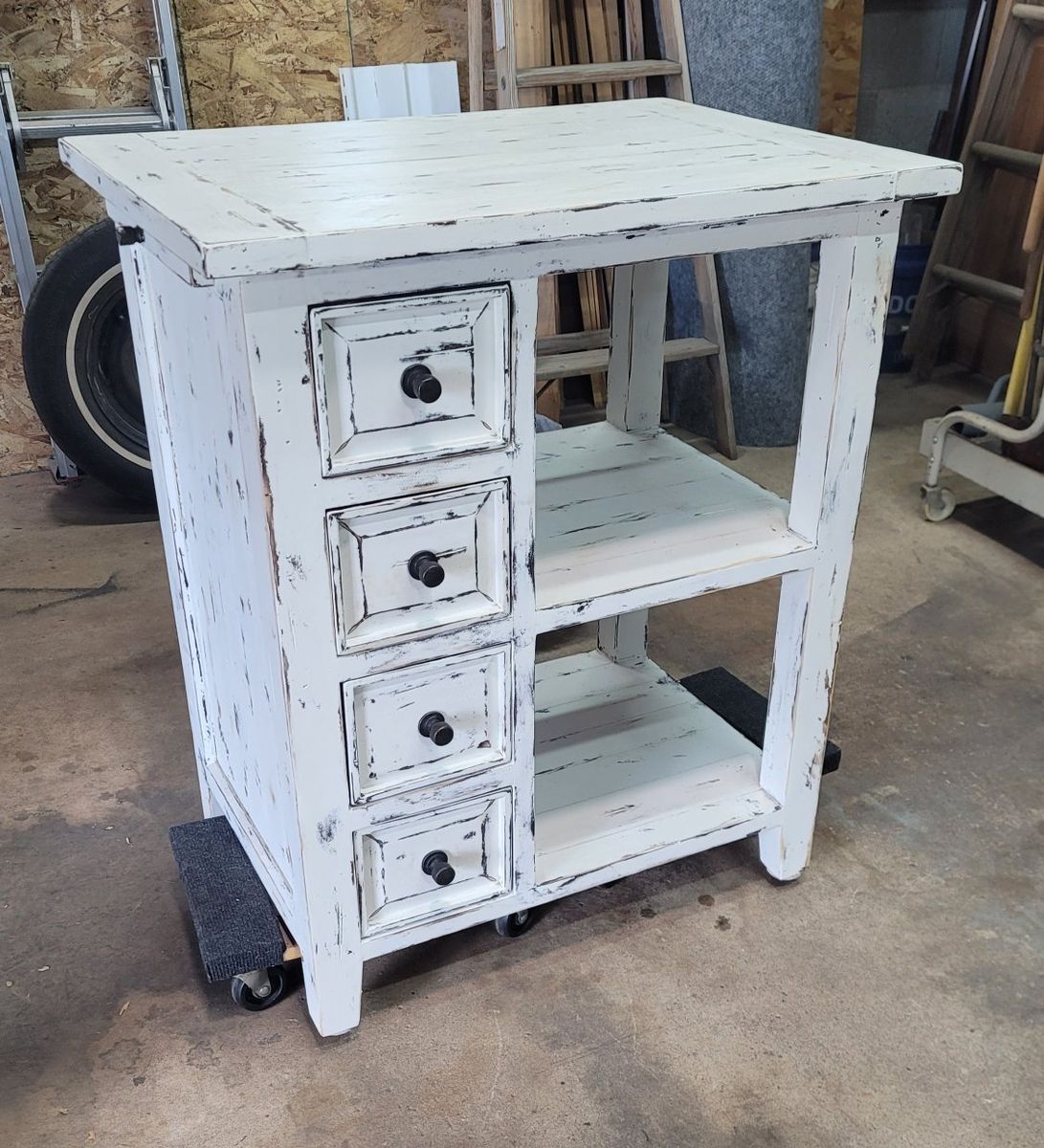 Refinished Solid Wood Rustic Farmhouse Kitchen or Craft Table with Shelves and Drawers