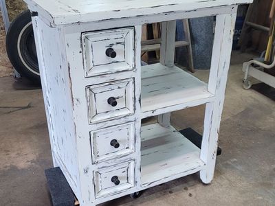 Refinished Solid Wood Rustic Farmhouse Kitchen or Craft Table with Shelves and Drawers