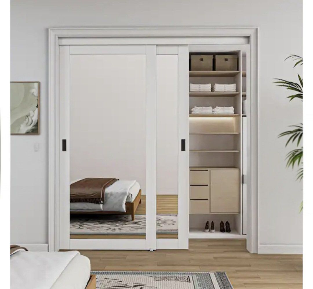 ARK DESIGN 72x80 in. White Primed MDF Interior 1-Lite Mirror Sliding Closet Door w/ Hardware & Black Handle
