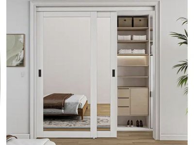 ARK DESIGN 72x80 in. White Primed MDF Interior 1-Lite Mirror Sliding Closet Door w/ Hardware & Black Handle