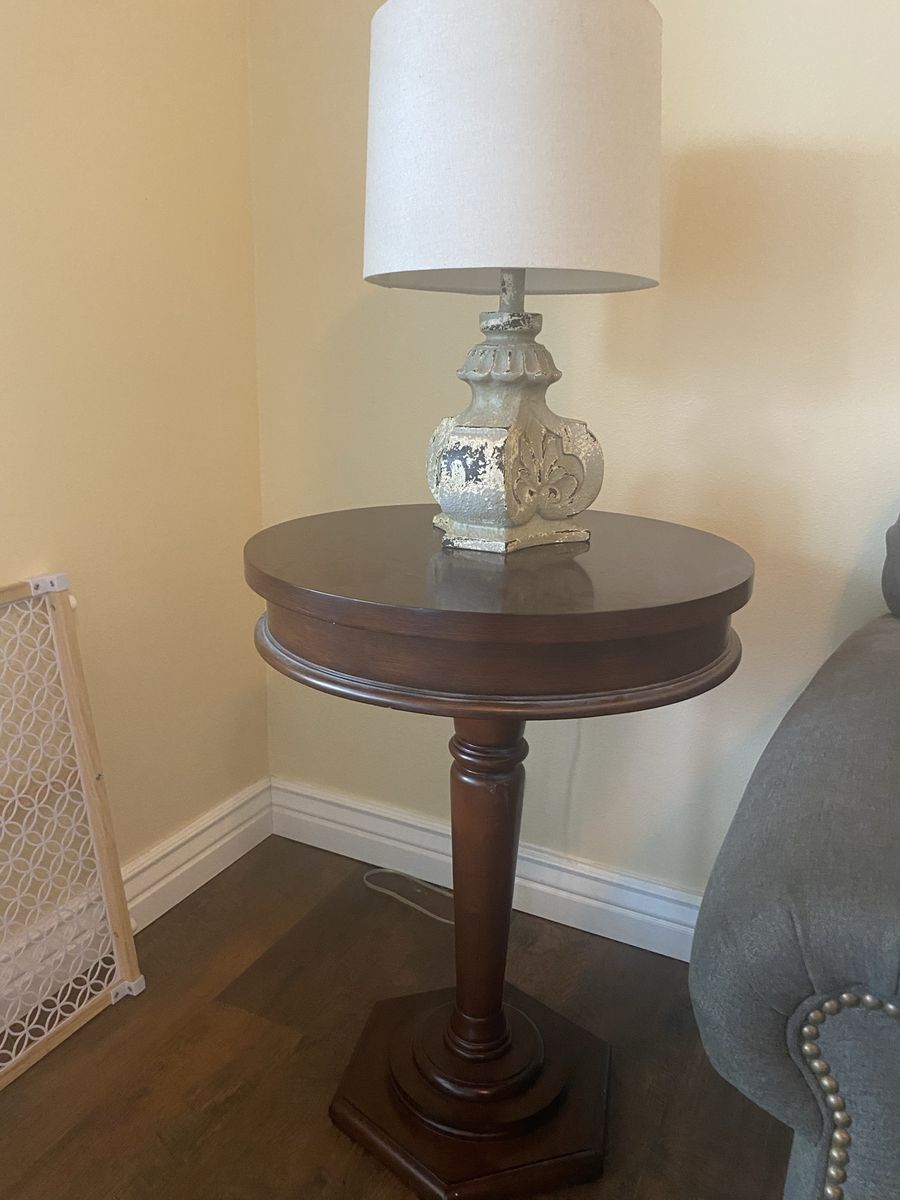 2 Round Wood Pedestal End Tables- Dark Brown End Table with Octagonal Base, Good Condition