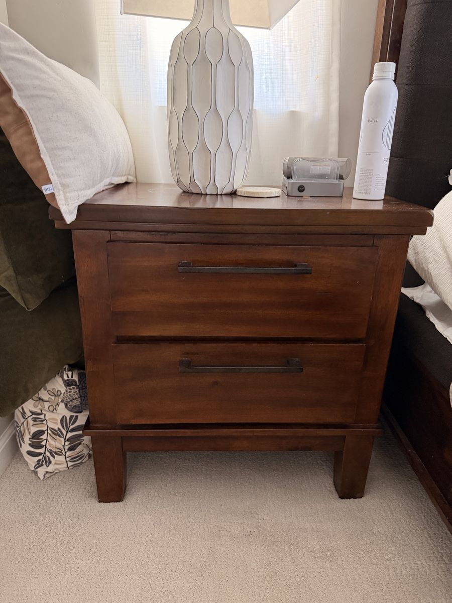 Solid Wood Nightstand with 2 Drawers, Dark Brown Finish - Versatile Bedside Table