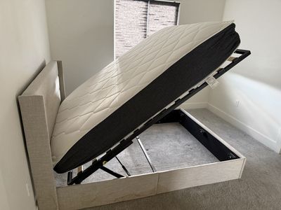 Queen Size Hydraulic Lift Storage Bed Frame with Mattress - Upholstered Headboard