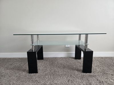 Modern Glass Top Coffee Table with Black Legs and Chrome Accents, Two-Tier Design