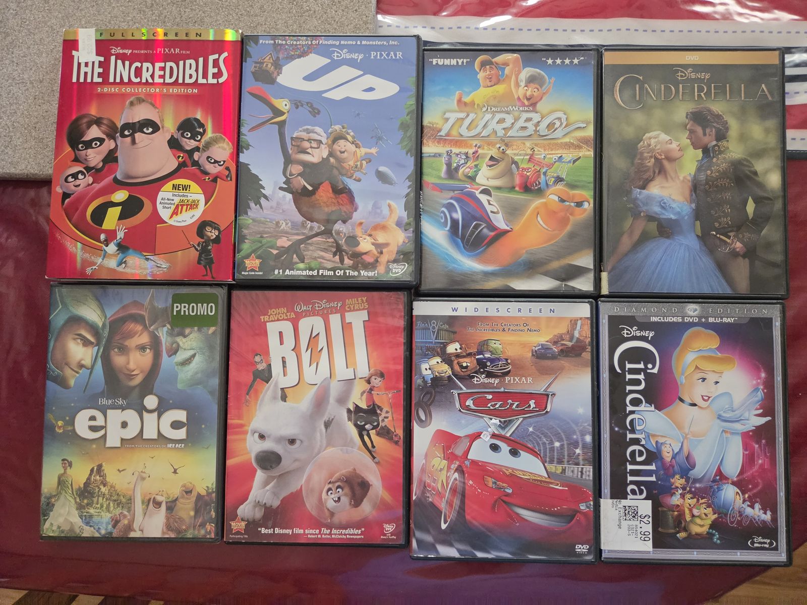 Disney/Pixar Animated Movie Collection: The Incredibles, Up, Bolt, Epic, Turbo, Cars, Cinderella (7-DVD Lot)