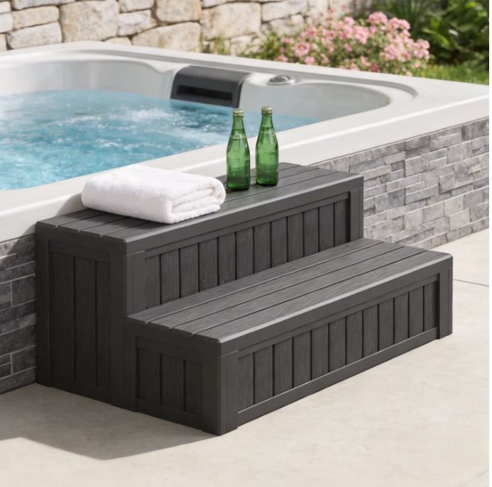 2 Tier Outdoor Patio Spa Step or Seating Bench w/Storage – Black