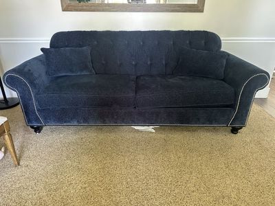 Navy Blue Tufted Sofa with Nailhead Trim & Rolled Arms