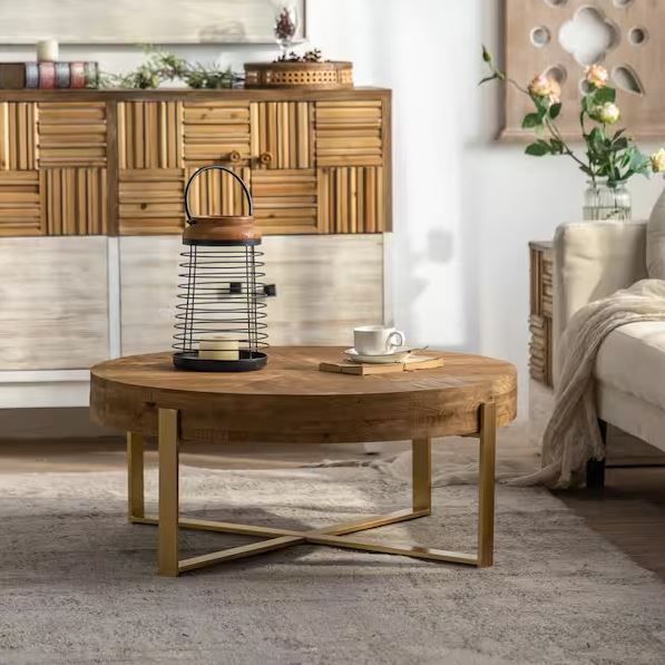 NEW! Coffee Table Modern Round – Fir Wood Table Top w/Gold Metal Legs 32”W  x 14”H