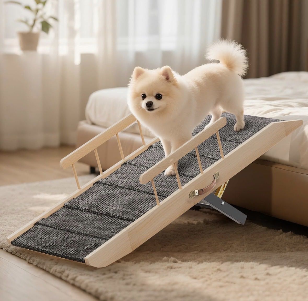 Adjustable Pet Ramp for Dogs up to 200lbs - 10 Height Settings for Bed, Couch, Car - Wood & Carpeted Surface