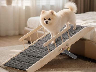 Adjustable Pet Ramp for Dogs up to 200lbs - 10 Height Settings for Bed, Couch, Car - Wood & Carpeted Surface