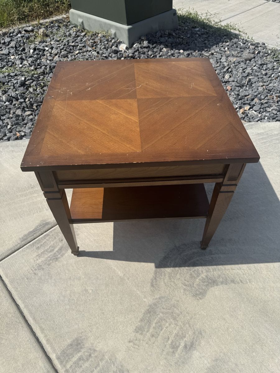 Vintage Wooden Square End Table with Parquet Top and Lower Shelf