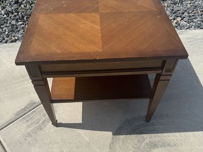 Vintage Wooden Square End Table with Parquet Top and Lower Shelf