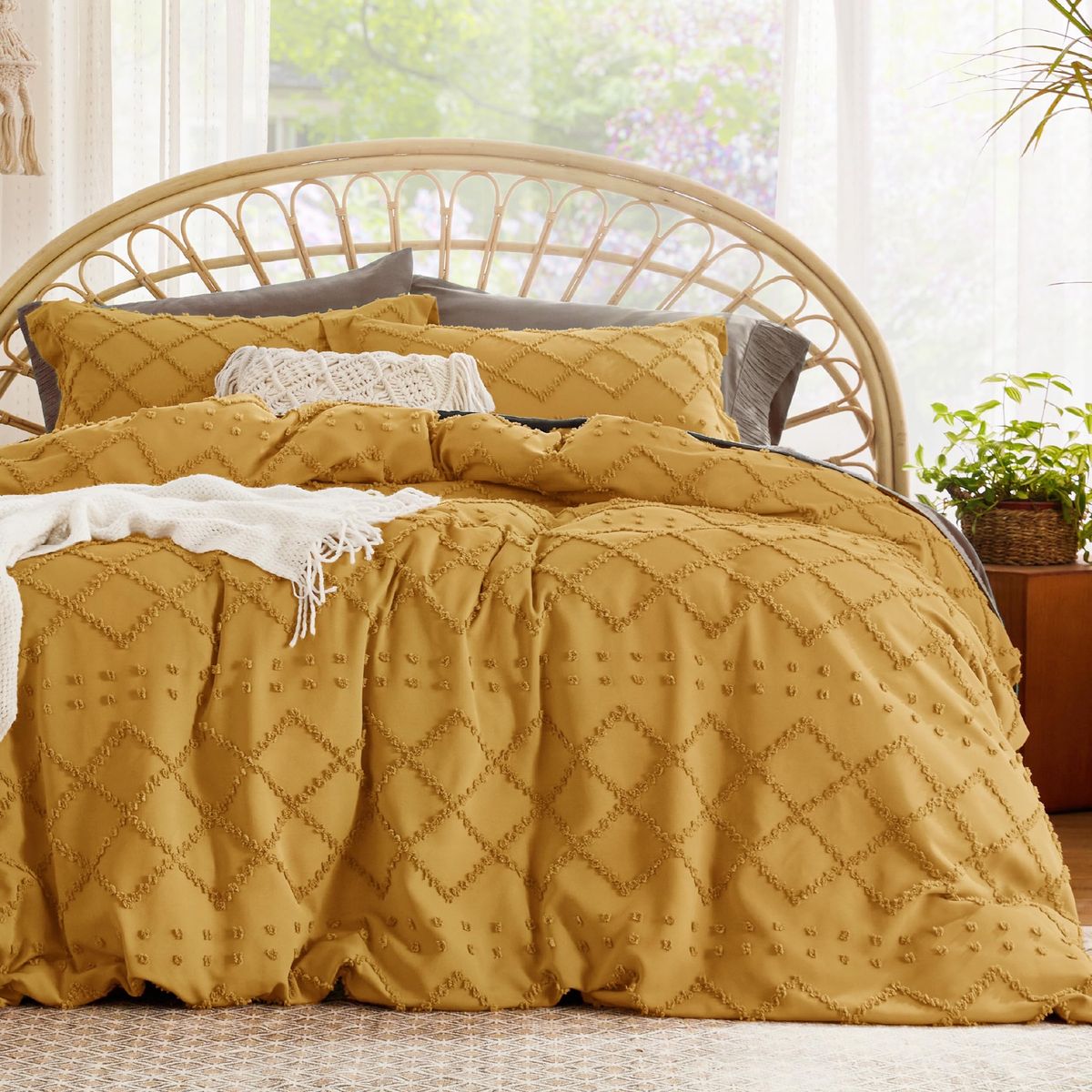 Bedsure Boho Duvet Cover King Size,Mustard Yellow Breathable & Soft Boho Bedding, Machine Washable Comforter Cover for All Seaso