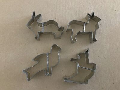 Vintage 7 Cookie Cutters Dog, Squirrel, Rabbit, Lion, 3 - Birds, Made in Germany