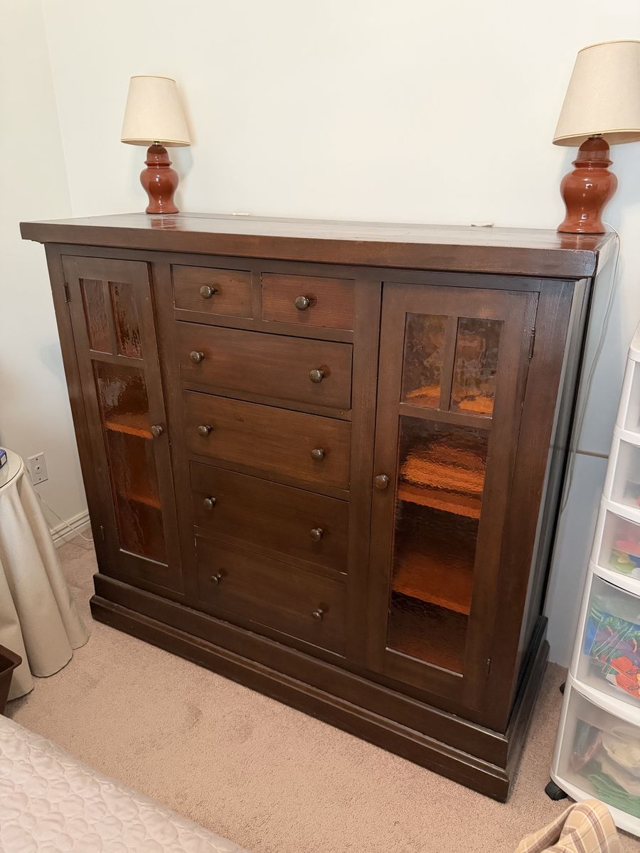 Large Wooden Storage Cabinet with Glass Doors and Drawers