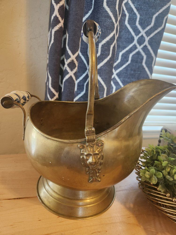 Vintage Brass Coal Scuttle w/ Ceramic Handles & Lion Head Hinges - Fireplace Decor