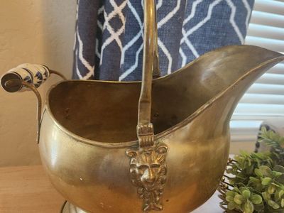 Vintage Brass Coal Scuttle w/ Ceramic Handles & Lion Head Hinges - Fireplace Decor
