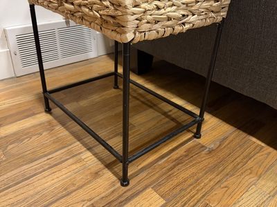 Woven Seagrass Basket Side Table – Black Metal Frame – Boho/Farmhouse.