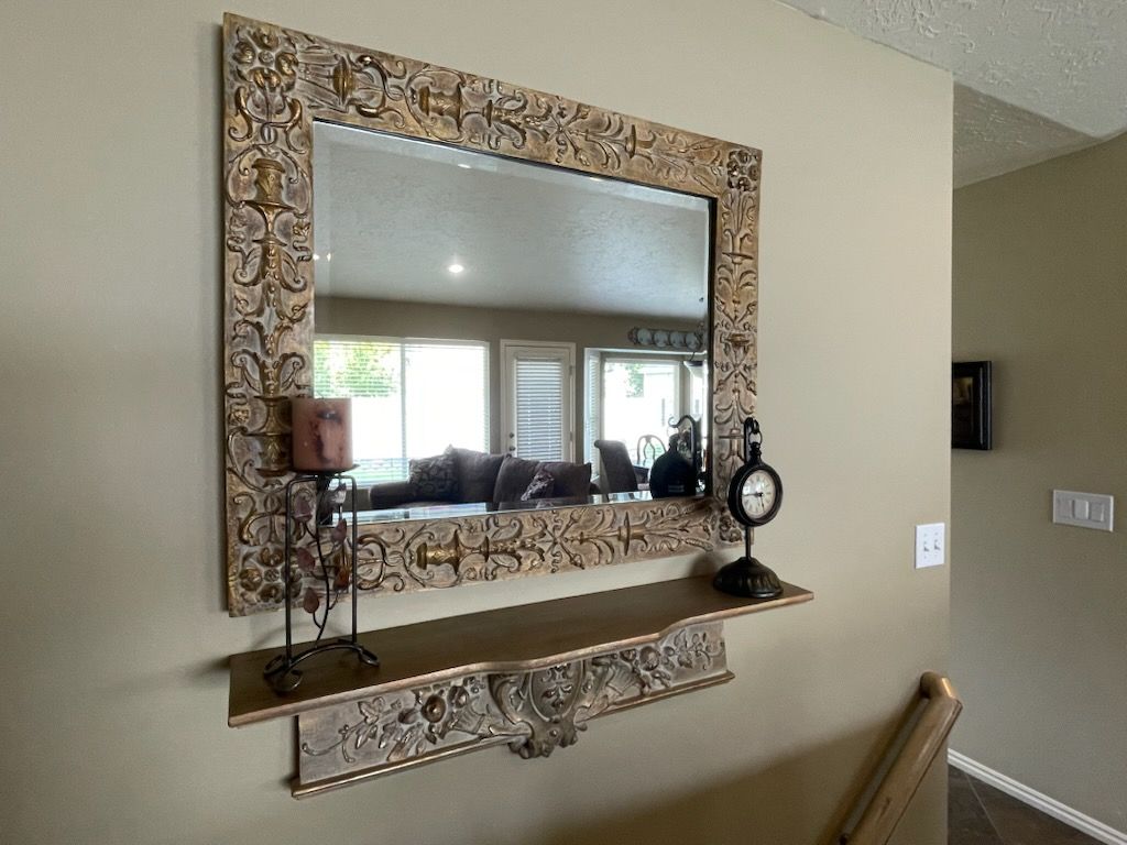 Gold and Bronze Decorative Wall Mirror with Matching Shelf