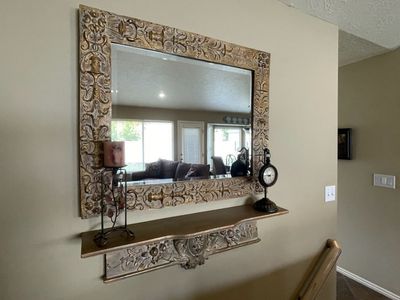 Gold and Bronze Decorative Wall Mirror with Matching Shelf