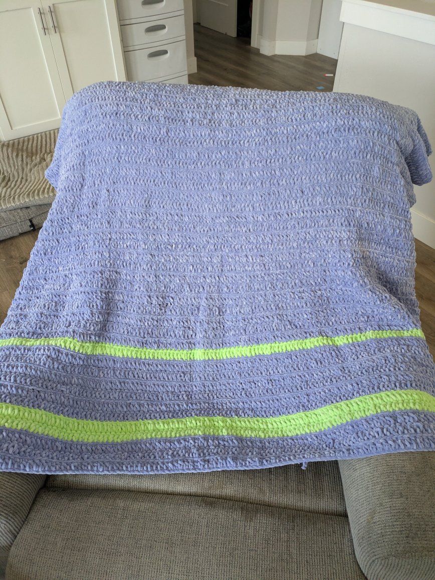 Handmade Crocheted Lavender & Lime Green Throw Blanket - Unique Striped Design