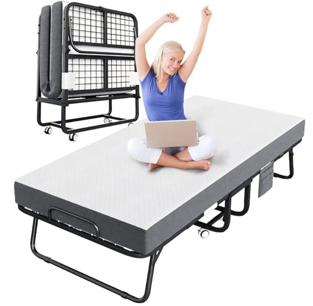 CAIYUN Folding Bed with Mattress, Portable Rollaway Bed for Adults - Foldable Cot Size Bed Frame with 5" Memory Foam Mattress an