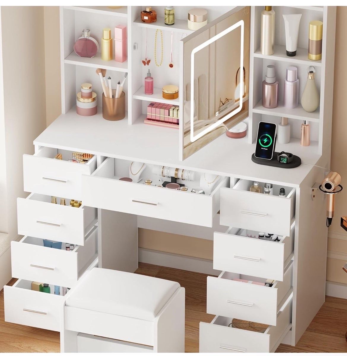 White Vanity Desk with Lighted LED Mirror, Power Strip, and Stool