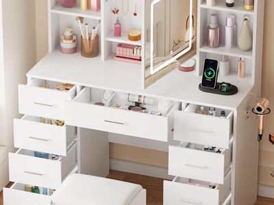 White Vanity Desk with Lighted LED Mirror, Power Strip, and Stool