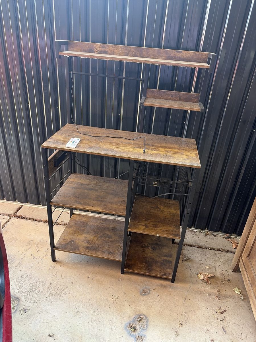 Rustic Industrial Kitchen Baker's Rack with Power Outlets, LED Lights & Wire Basket