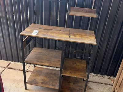 Rustic Industrial Kitchen Baker's Rack with Power Outlets, LED Lights & Wire Basket