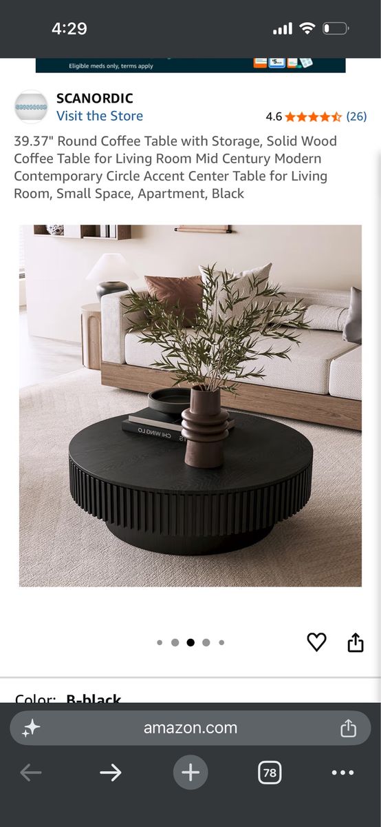 SCANDIC 39.37" Round Coffee Table with Storage - Solid Wood, Mid-Century Modern, Black