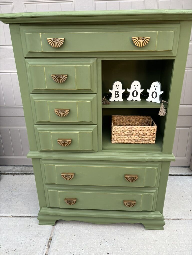 Beautiful Green and Gold Refinished Dresser/Hutch