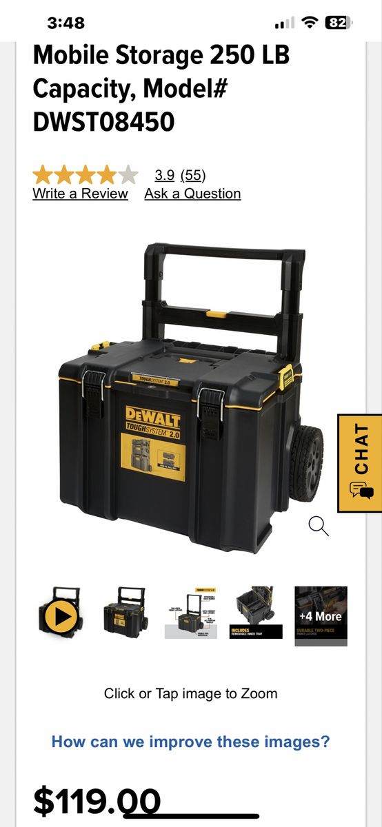 DEWALT ToughSystem 2.0 Mobile Storage Box 250 LB Capacity DWST08450