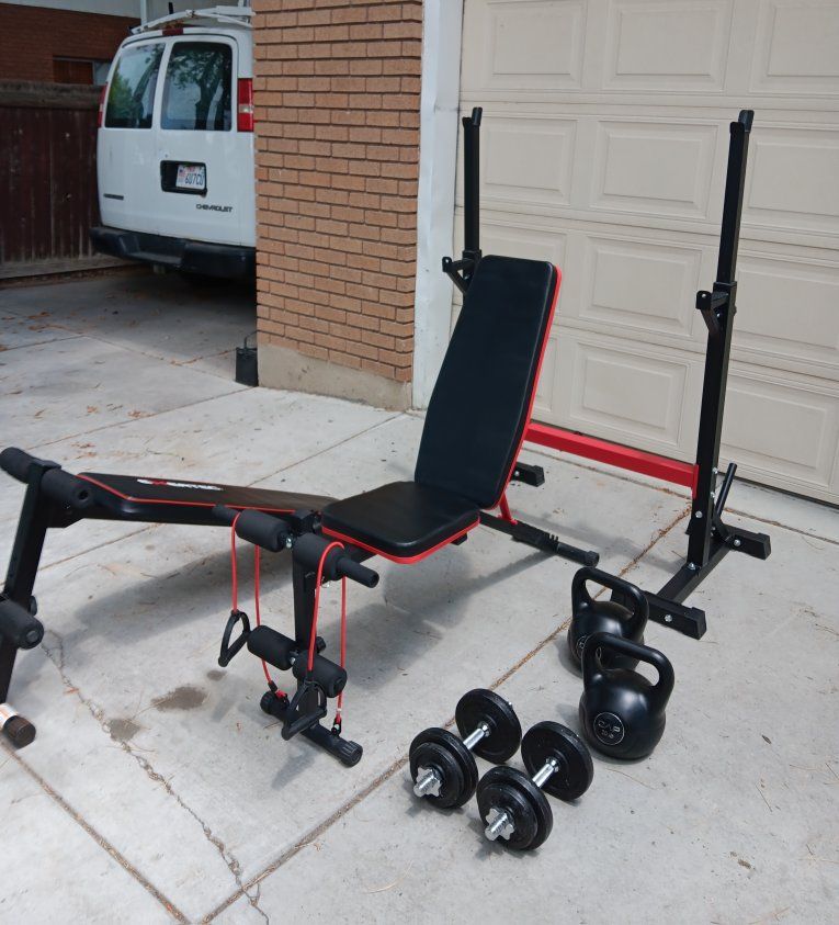 Exertec Adjustable Weight Bench with Squat Rack, Dumbbells & Kettlebells - Home Gym Set