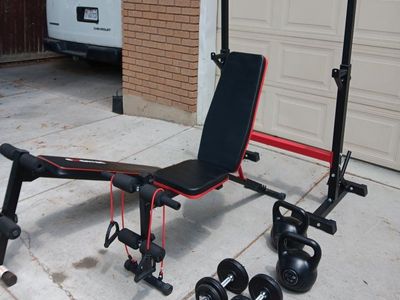 Exertec Adjustable Weight Bench with Squat Rack, Dumbbells & Kettlebells - Home Gym Set
