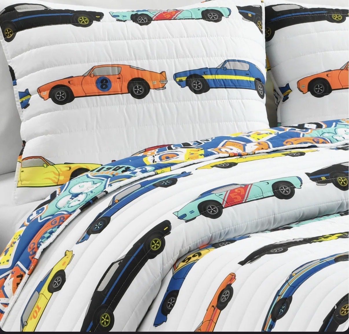 Kids' Bedding Lot: Race Cars Quilt, Shark Sheets, Mickey Mouse Flannel Sheets & Pillowcase