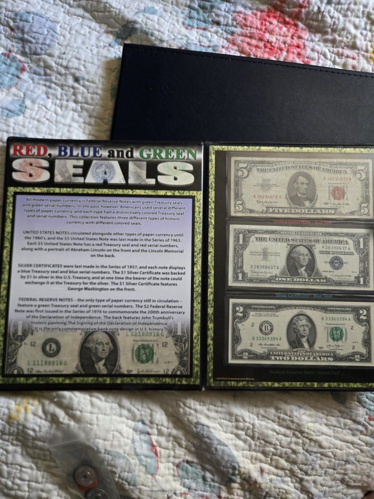 Red, Blue, & Green Seals US Currency Collection - $1 Silver Cert, $2 & $5 Federal Reserve Notes
