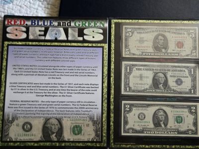 Red, Blue, & Green Seals US Currency Collection - $1 Silver Cert, $2 & $5 Federal Reserve Notes