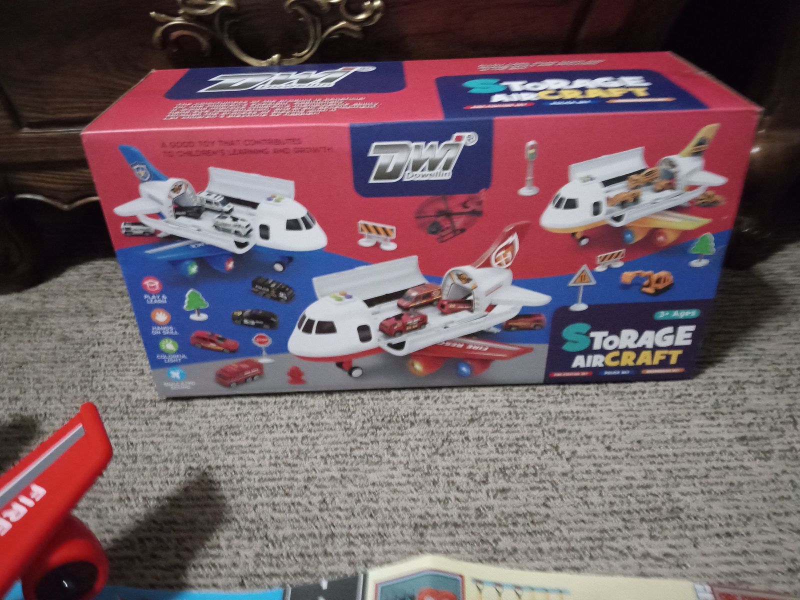 Toy airplane with lights sounds fire trucks helicopter and signs