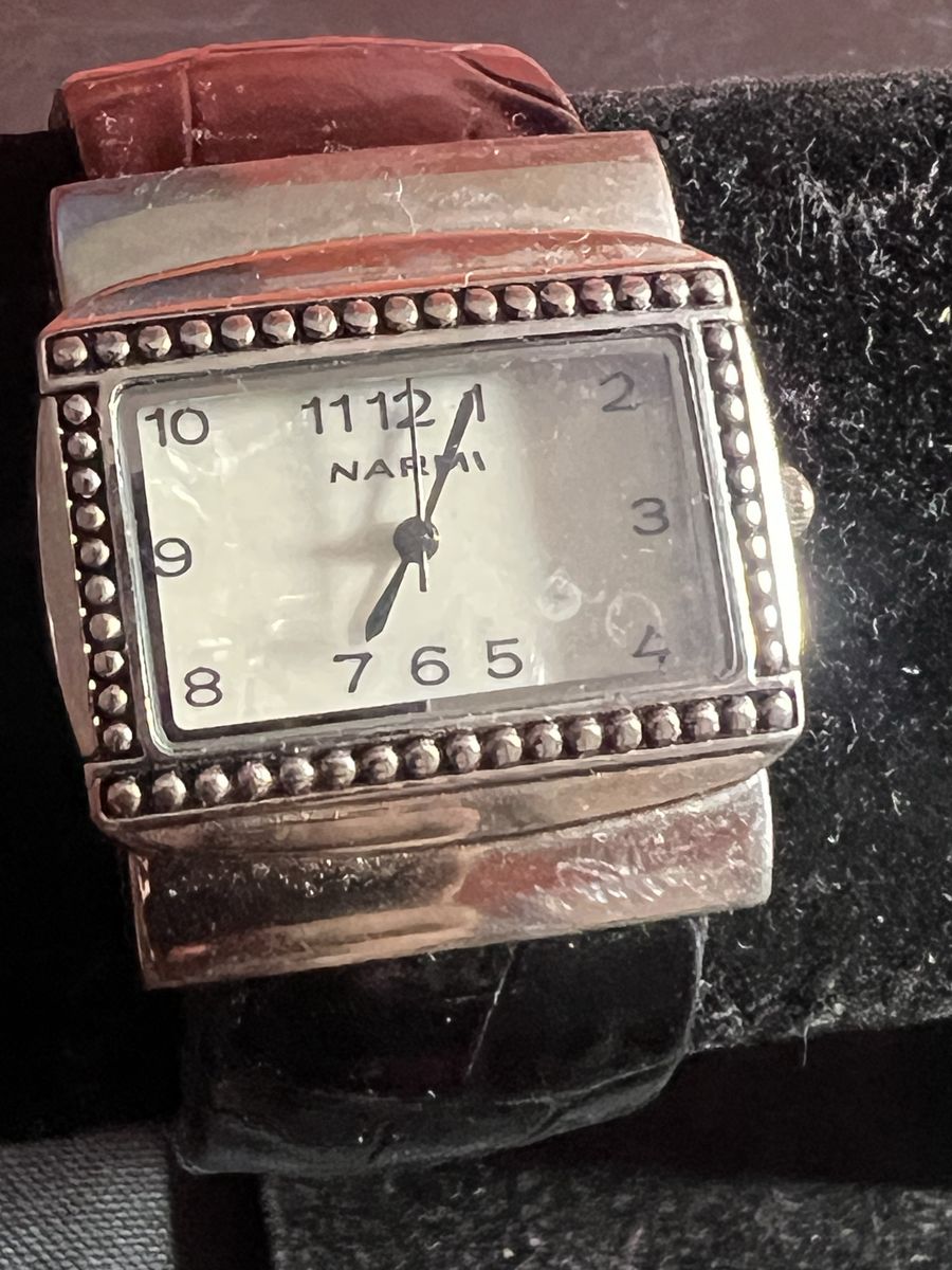 Narmi Women's Silver Tone Rectangle Beaded Bezel Watch with Black Croc Embossed Band