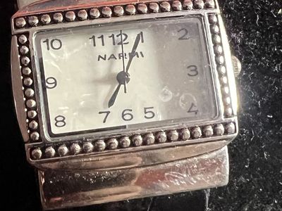 Narmi Women's Silver Tone Rectangle Beaded Bezel Watch with Black Croc Embossed Band