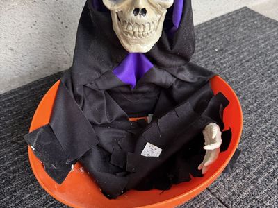 Animated Skeleton in Orange Pumpkin Bucket Halloween Decoration