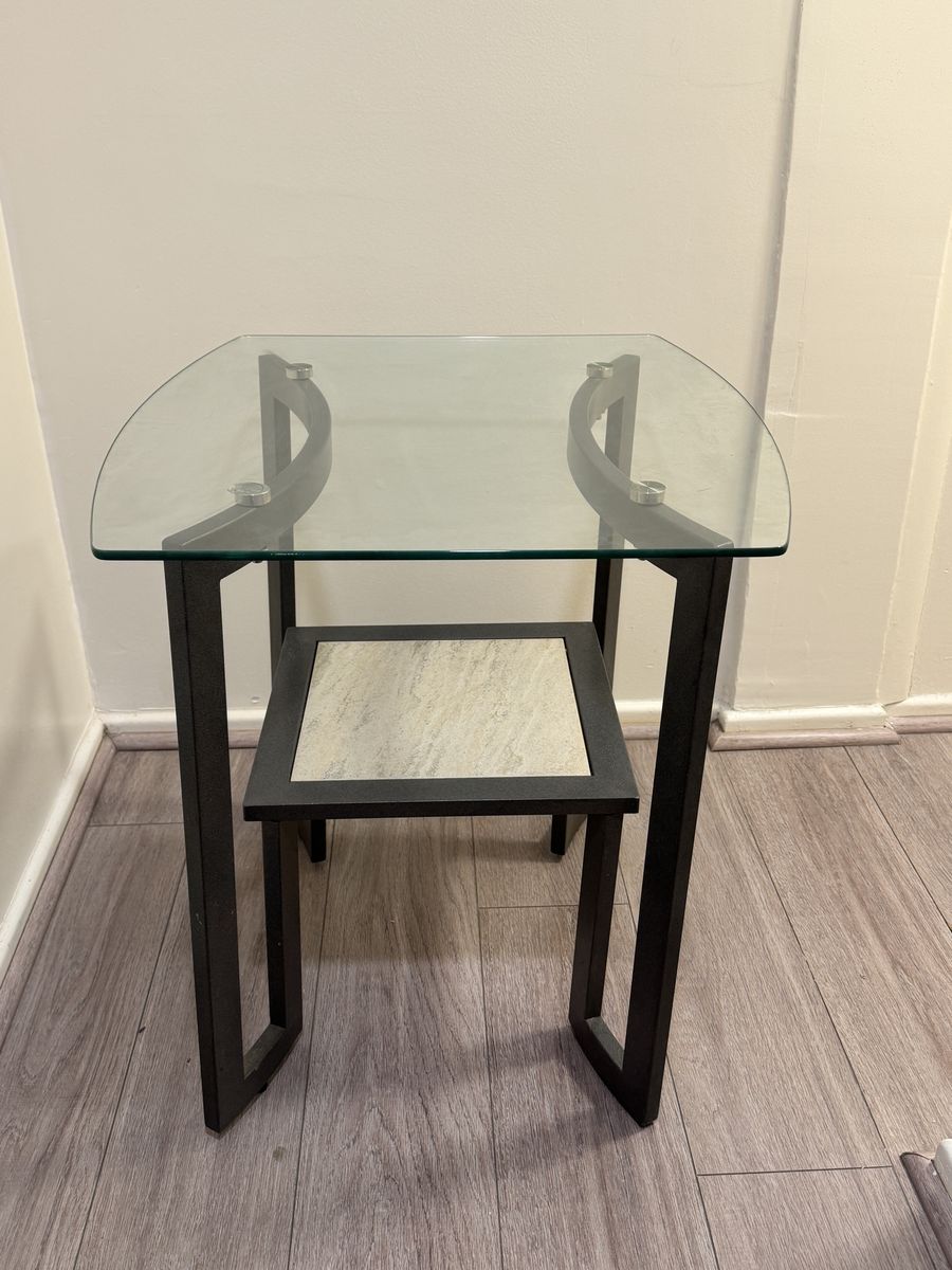 Modern Glass Top End Table with Tiled Shelf - Black Frame, UsedGood Condition