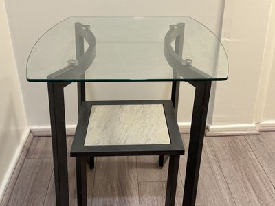 Modern Glass Top End Table with Tiled Shelf - Black Frame, UsedGood Condition