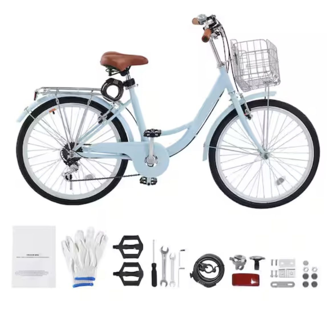 Cruiser Bike, 7-Speed, 24-In. Light Blue Beach Cruiser Bike with Large Capacity Basket and Rear Rack, Secure