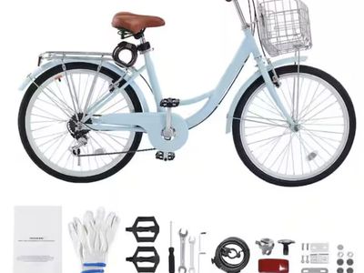 Cruiser Bike, 7-Speed, 24-In. Light Blue Beach Cruiser Bike with Large Capacity Basket and Rear Rack, Secure