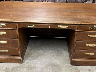 Large Wooden Executive Office Desk with Multiple Drawers and Brass Hardware
