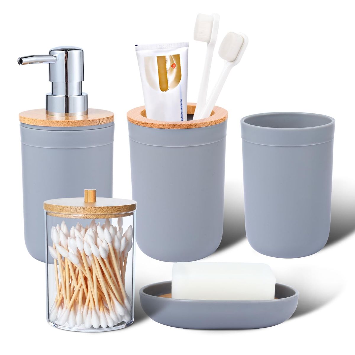 Bathroom Accessories Set 5Piece Grey Bathroom Sets, Toothbrush Holder, Toothbrush Cup, Lotion Soap Dispenser, Soap Dish and Qtip