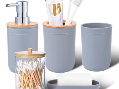 Bathroom Accessories Set 5Piece Grey Bathroom Sets, Toothbrush Holder, Toothbrush Cup, Lotion Soap Dispenser, Soap Dish and Qtip