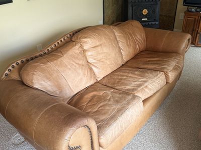 Estate Sale: Leather Couch, Loveseat, & Recliner, TV with Wood Stand, Wall Art